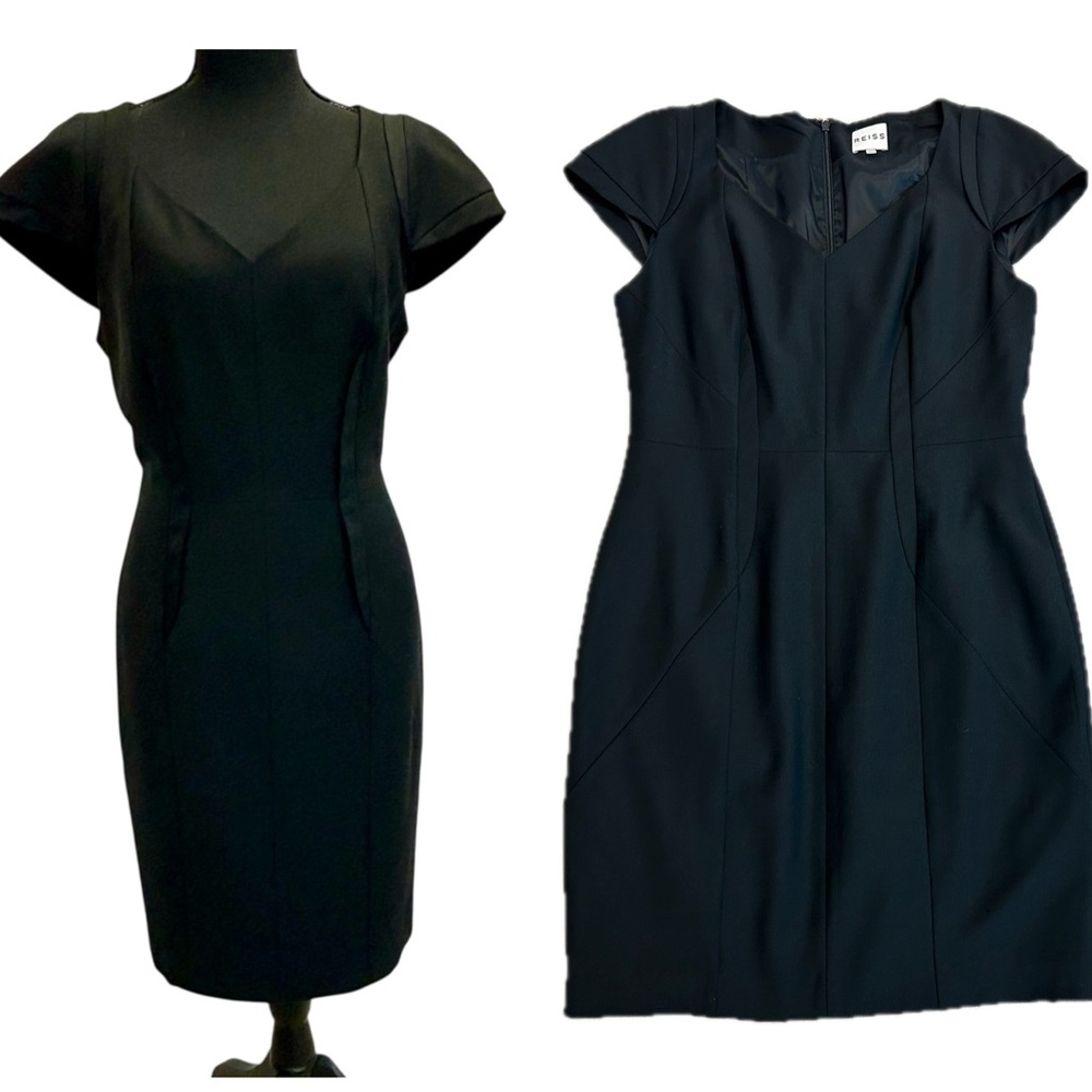 Reiss black cap sleeve V-neck midi sheath dress Sz 10 NWOT professional business